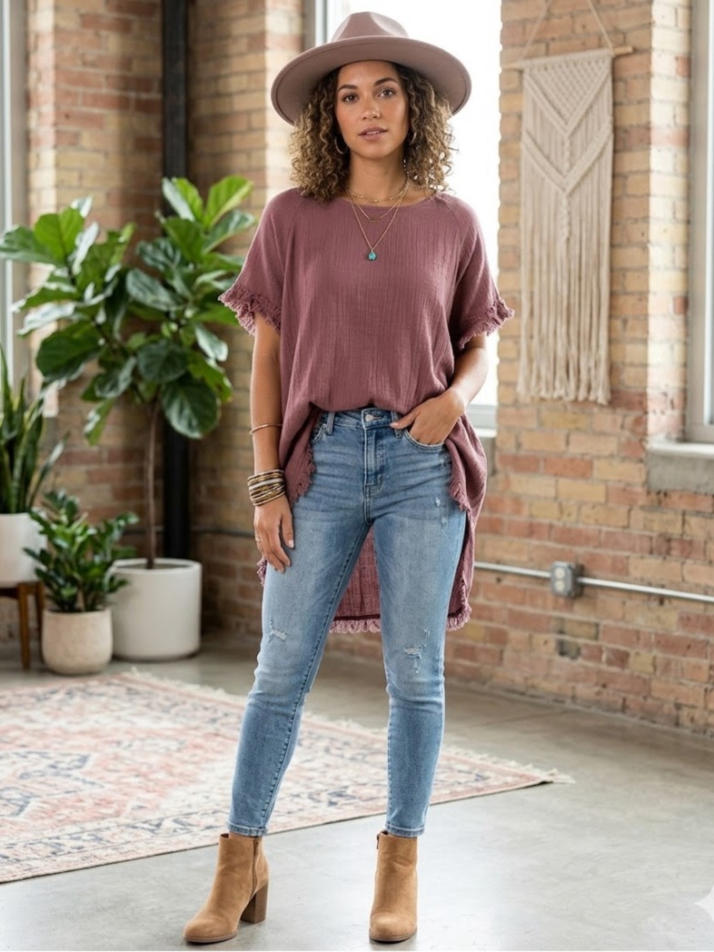 Versona Muted Pink Distressed Hem Boho Blouse Size Large